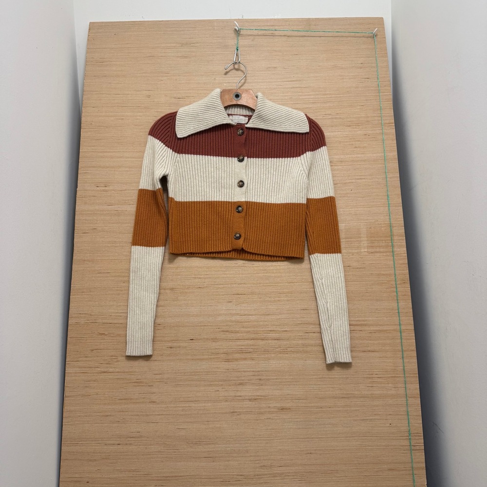 Altar'd State Ribbed Colorblock Cropped Cardigan Sweater XS Rust Cream Mustard